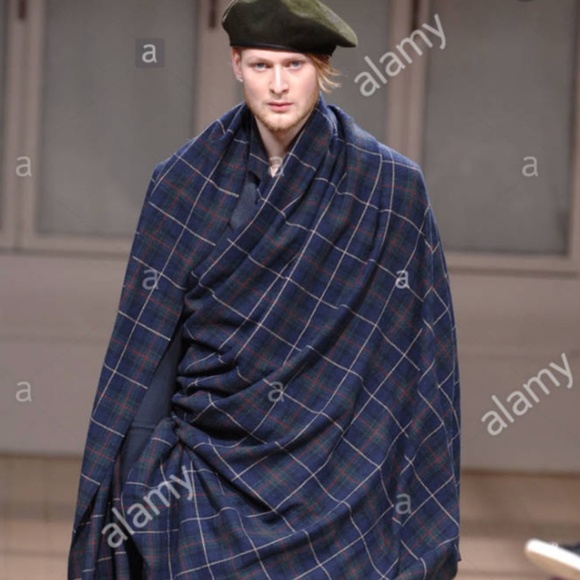 YOJI YAMAMOTO ARCHICVAL TARTAN SCARF WRAP COAT MEN - Picture 2 of 8